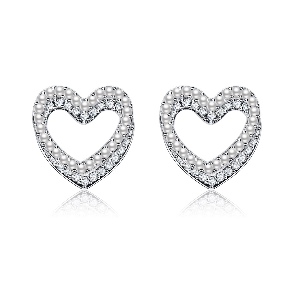 Sweet Double Heart CZ Pearl Stud Earrings